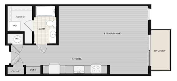 A floor plan of an apartment with a living room, kitchen, and two closets.