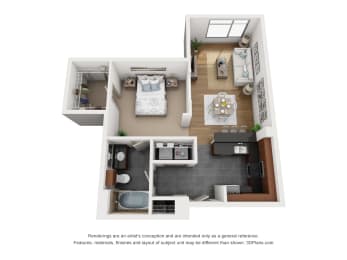 a stylized floor plan with a bedroom and a living room