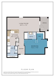 A floor plan of a house with a living room, kitchen, bathroom, and bedroom.