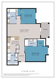 A floor plan of a house with a living room, two bedrooms, a kitchen, a bathroom, a patio, and a storage area.