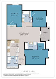 A blue and white floor plan of a house with labeled rooms.