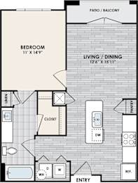 A floor plan of a home with a bedroom, living/dining area, pantry, and closet.