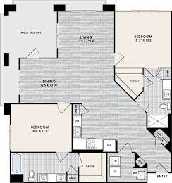 A floor plan of a house with a living room, dining room, and two bedrooms.