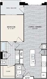 A floor plan of a small apartment with a bedroom, living room, and kitchen.