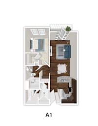 A 1 apartment layout with a kitchen, living room, and bedroom.