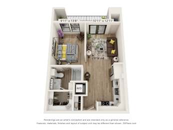 A 3D floor plan of a small apartment with a kitchen, living room, and bathroom.