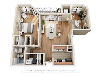 A 3D floor plan of a house with a kitchen, living room, and bathroom.