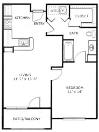 A floor plan of a small apartment with a living room, bedroom, kitchen, bathroom, and utility closet.