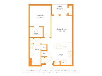A floor plan of a house with a living room, kitchen, bath, and bedroom.