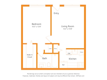 A floor plan of a home with a bedroom, living room, kitchen, bath, and walk-in closet.