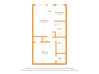 A floor plan of a house with an entry, dining room, living room, kitchen, bath, and bedroom.