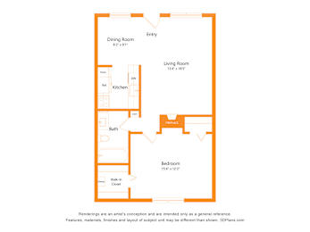 A floor plan of a small apartment with a living room, dining room, kitchen, bath, bedroom, and walk-in closet.