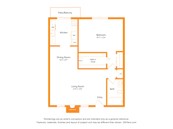 A floor plan of a house with a living room, dining room, kitchen, bathroom, and bedroom.