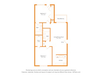 A floor plan of a house with two bedrooms, a living/dining room, a kitchen, a bath, and a patio/balcony.