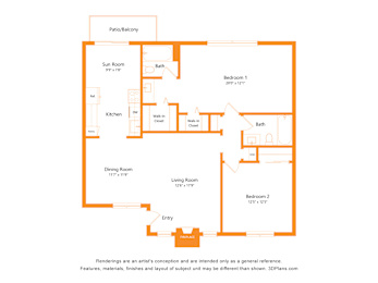 A floor plan of a house with a living room, dining room, kitchen, two bathrooms, and two bedrooms.