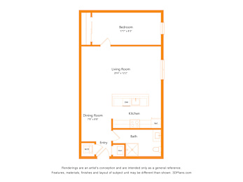 A floor plan of a house with a bedroom, living room, dining room, kitchen, bathroom, and entry.