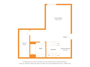 A floor plan of a house with a living area, kitchen, dining room, bath, and walk-in closet.