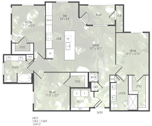 A floor plan of a house with labeled rooms such as DINE, RELAX, and STORE.