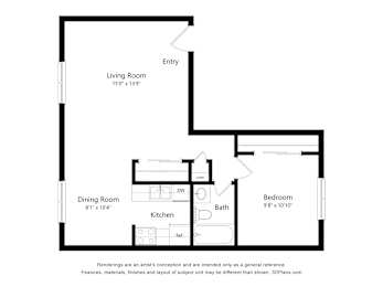 A floor plan of a small apartment with a living room, dining room, kitchen, bathroom and bedroom.