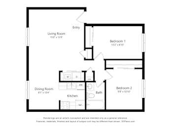 A floor plan of a small apartment with a living room, dining room, kitchen, and two bedrooms.