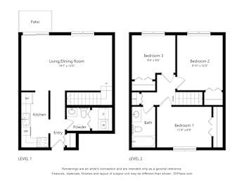 A floor plan shows two levels of a house with labeled rooms and dimensions.