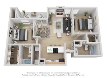 a 1 bedroom floorplan is shown in this rendering