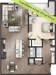A floor plan of a flex dining room and office space.
