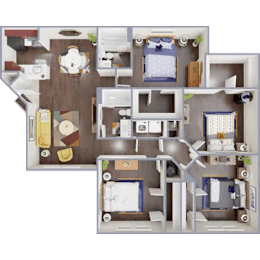 A 3D floor plan of a house with a kitchen, living room, and two bedrooms.