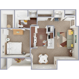 A dollhouse floor plan with a living room, kitchen, and bedroom.