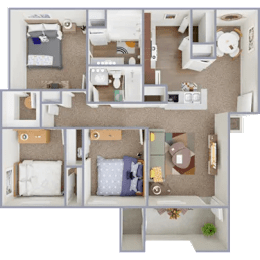 A 3D floor plan of a small apartment with a kitchen, living room, and bedroom.