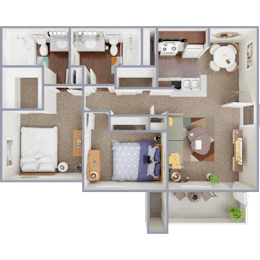 A 3D floor plan of a small apartment with a bedroom, living room, and kitchen.