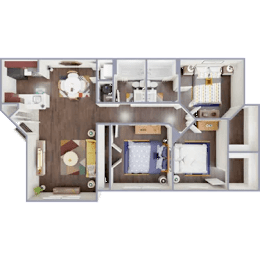 A 3D floor plan of a house with a kitchen, living room, and bedrooms.