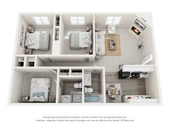A 3D floor plan of a small apartment with two bedrooms and a living area.