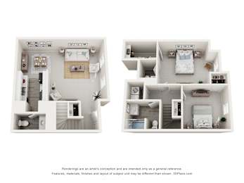 A diagram of a house with two bedrooms and a living room.