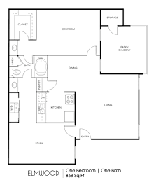 A floor plan of a one bedroom, one bathroom apartment.