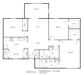 a floor plan of three bedrooms and two baths