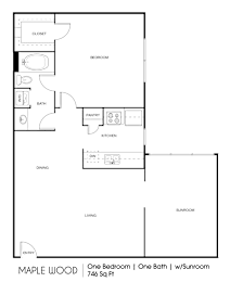 A floor plan of a one bedroom apartment with a bathroom and sunroom.