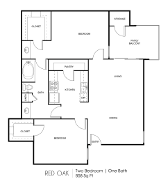 a floor plan of two bedrooms and one bath with a bedroom and a bathroom