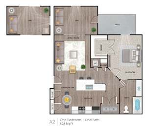A 2 bedroom apartment with 828 square feet and one bath.