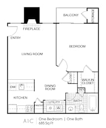 A floor plan for a one bedroom apartment with one bath.