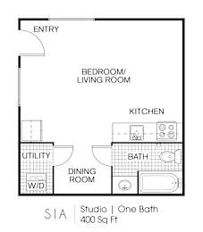 A floor plan of a studio apartment with one bath.