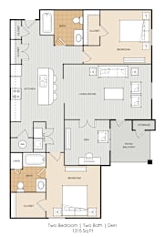 A floor plan of a 1315 square foot two bedroom apartment.