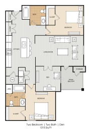 a floor plan of two bedrooms and two baths and a large living room