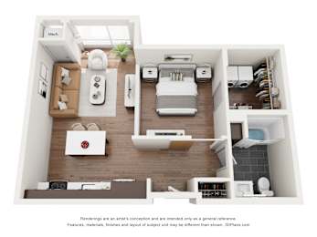 A 3D floor plan of a modern apartment with a kitchen, living room, and bathroom.