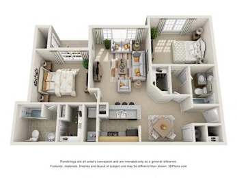 A 3D floor plan of a house with a kitchen, living room, and bathroom.