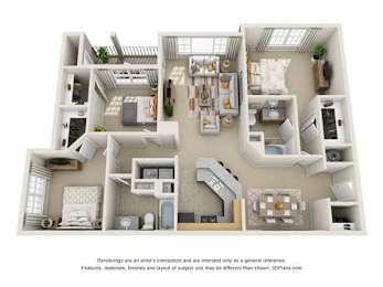 A 3D floor plan of a house with rooms labeled.