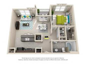 A 3D floor plan of a small apartment with a kitchen, living room, and bathroom.
