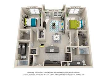 A 3D floor plan of a small apartment with a kitchen, living room, and bathroom.