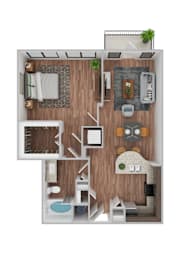 A top-down view of a small apartment with a kitchen, living room, and bathroom.