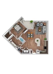 A top-down view of a small apartment with a kitchen, living room, and bathroom.